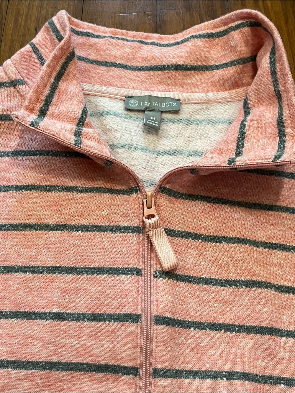 T by Talbots Coral and Dark Gray Striped Quarter-Zip Sweater